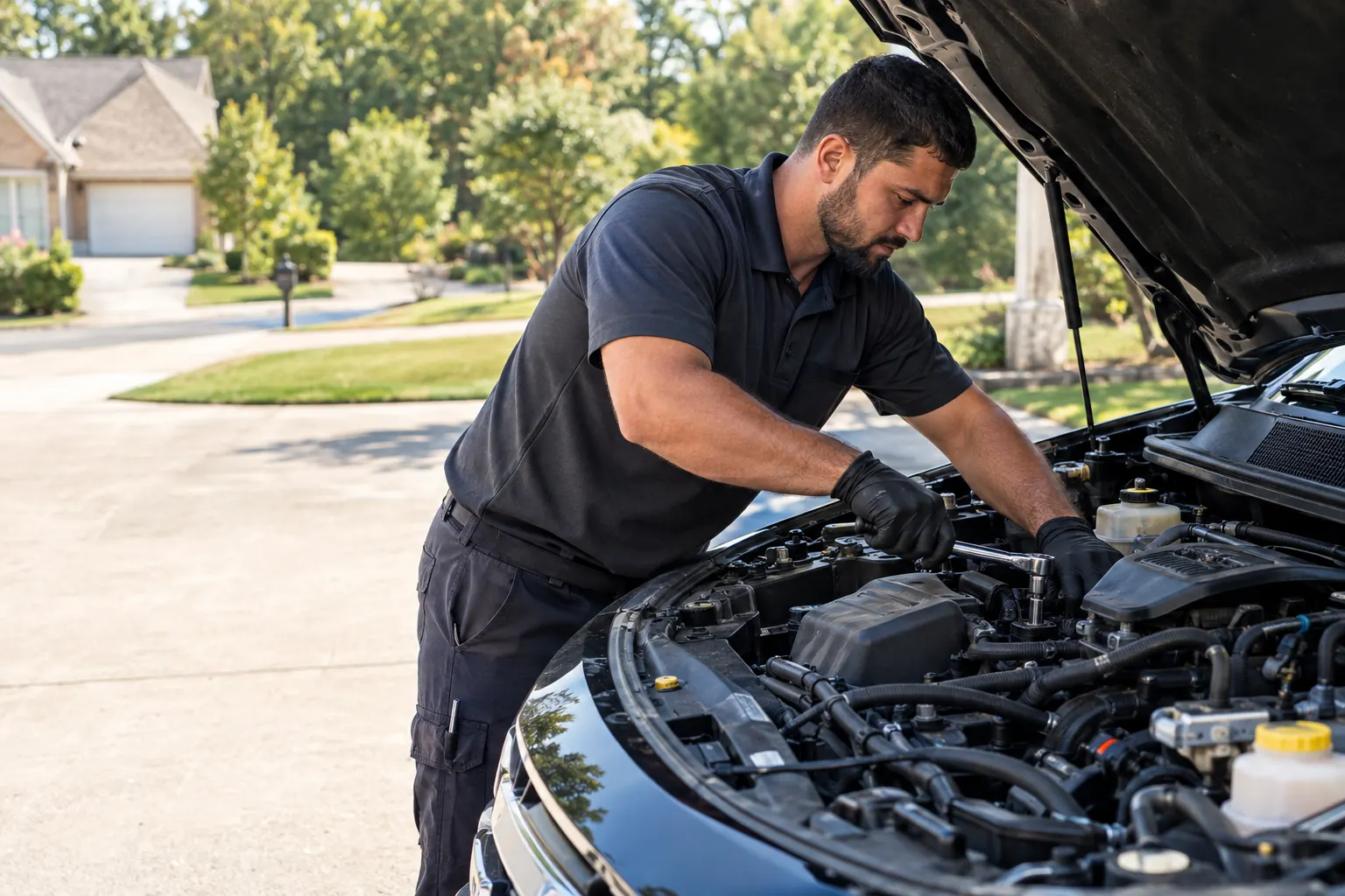 Relentless mechanic working under the hood of a car in a Douglasville, GA driveway